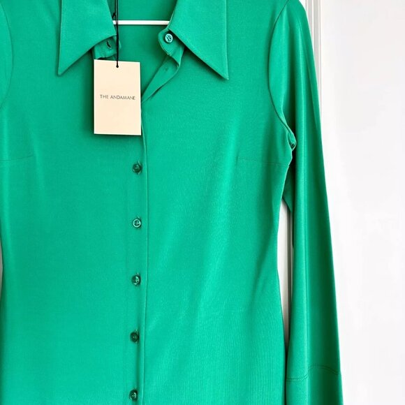 NWT THE ANDAMANE Ginevra Long Sleeve Mini Shirt Dress in Green Size 42 US 6 - Picture 3 of 7